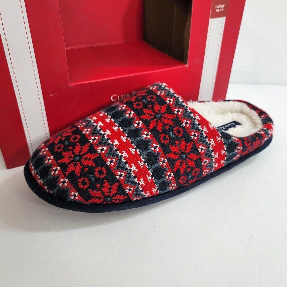 Club Room Fair Isle Slip on Slide Slippers‎ Mens Large 10-11 Red Navy Blue NEW